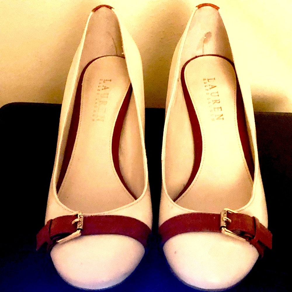 Size 8B Ralph Lauren dress shoes.  Cream and brown w/logo buckle at toe. 3” heel